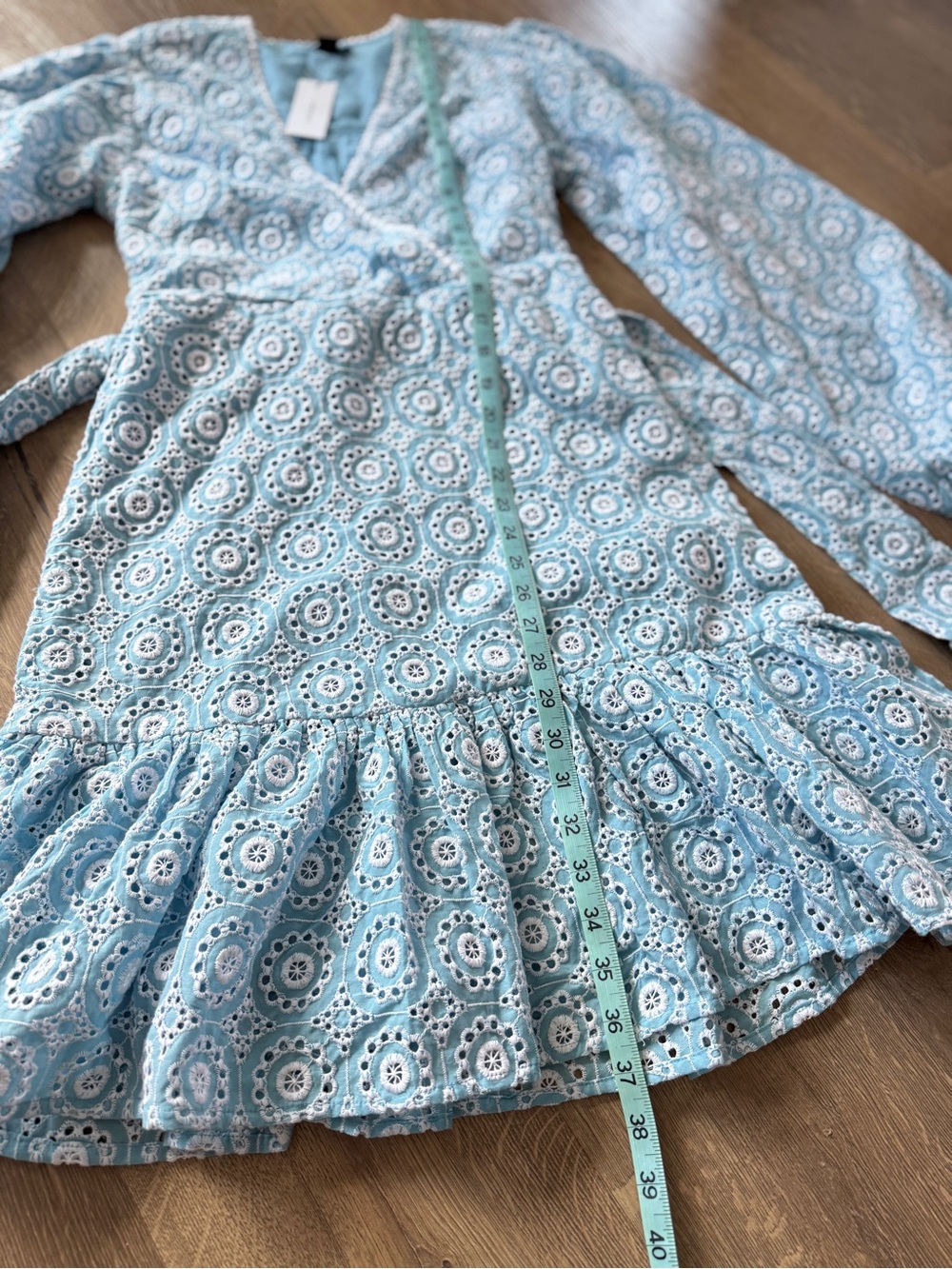 Karen Millen Broderie Cotton Wrap Mini Dress Light Blue Eyelet Dress - Picture 11 of 16